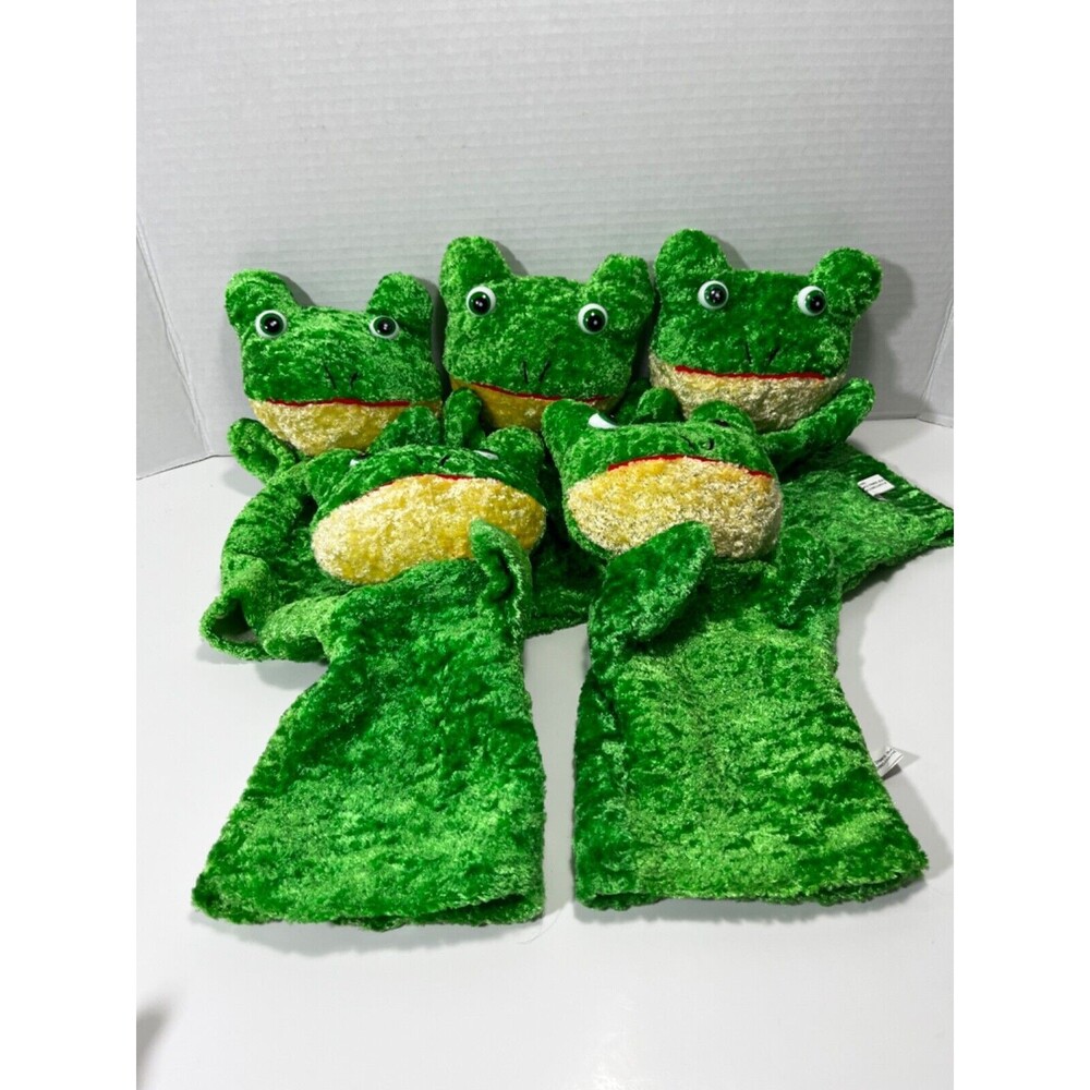 Dollar Tree Frog Hand 5 Vintage Puppet Green Plush Story Time Black dots on back